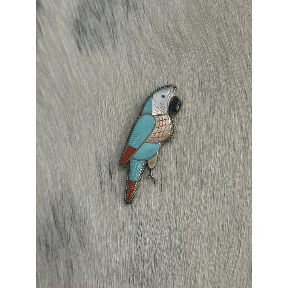 Zuni 2” Leland Peketewa Sterling Silver Inlay Turquoise Coral MOP Parrot Pendant - Picture 9 of 13